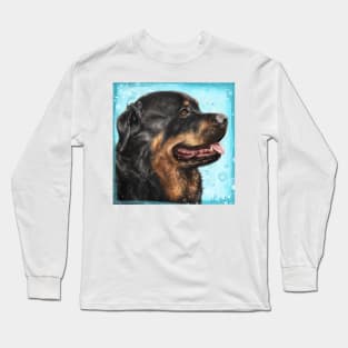 Painting of an Adorable Rottweiler with Its Tongue Out, Light Blue Spattered Background Long Sleeve T-Shirt